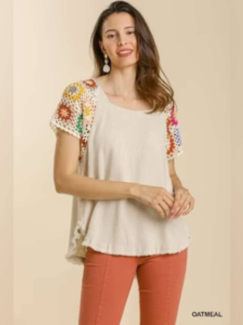 Umgee Donna Linen Blend Crochet Grandma Square Hippie Cottagecore Frayed Hem Top - Picture 9 of 9